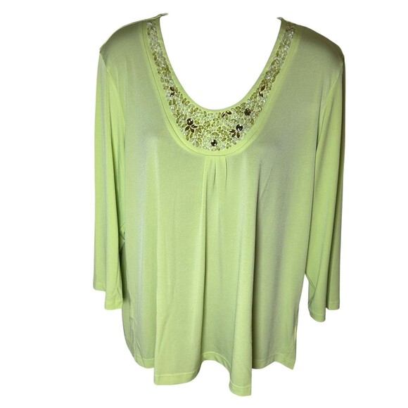 Susan Graver Liquid Knit 3/4 Sleeve Tunic Green Rhinestones Accents Sz Large - Picture 1 of 8